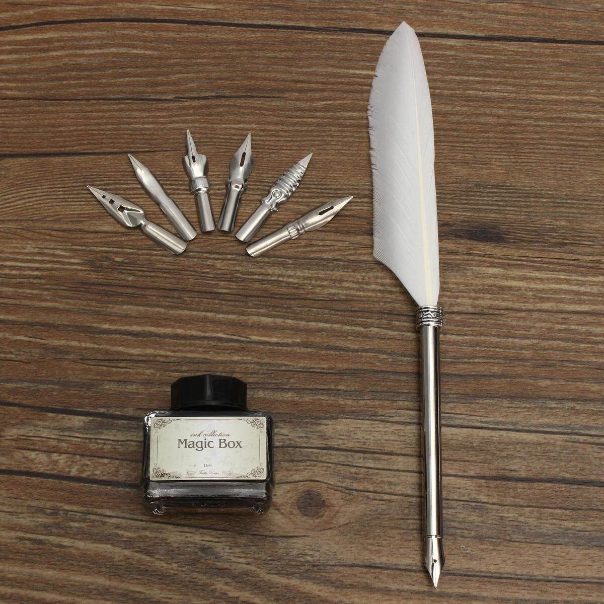 Vintage Black Quill Dip Pen Goose Feather Pen With Black Ink + 6 Nibs Set Gift