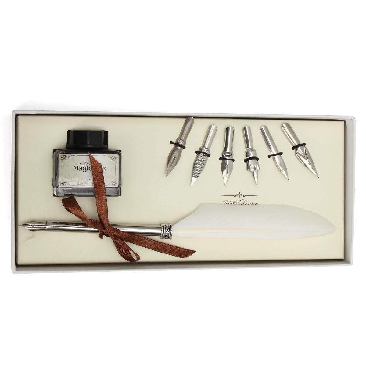 Vintage Black Quill Dip Pen Goose Feather Pen With Black Ink + 6 Nibs Set Gift