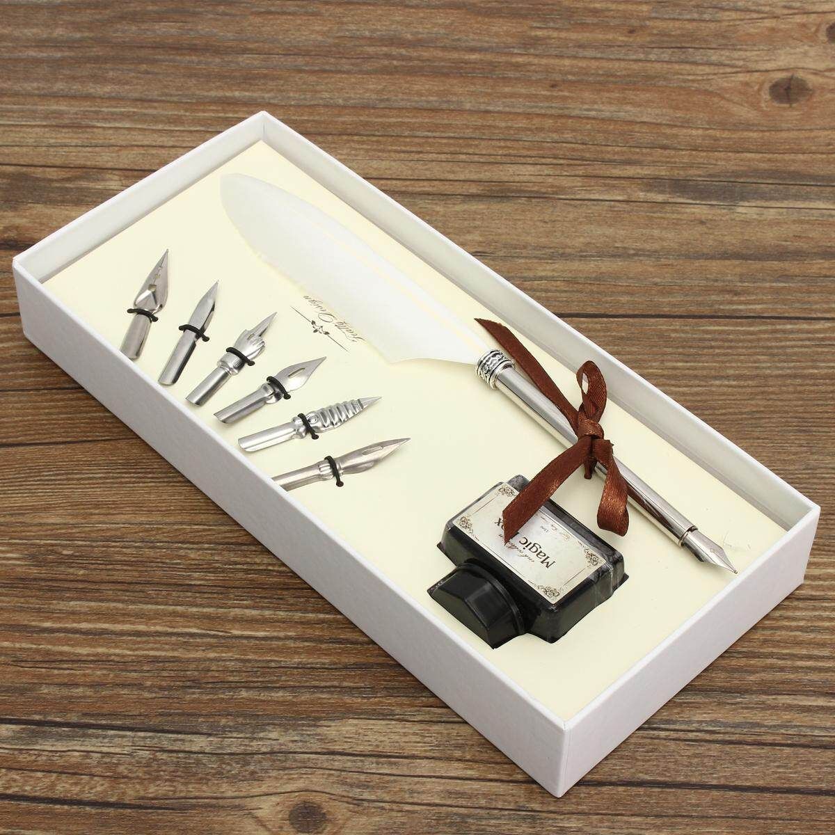 Vintage Black Quill Dip Pen Goose Feather Pen With Black Ink + 6 Nibs Set Gift