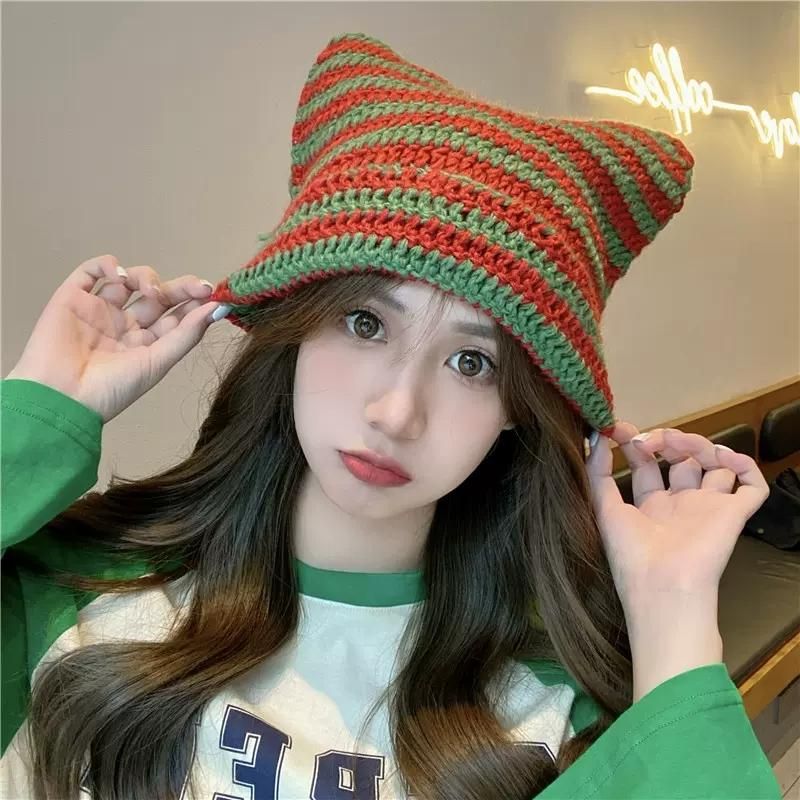 Harajuku Punk Gothic Knit Bonnet Cat Ear Little Devil Hat Millennium Ladies Kawaii Designer Winter Handmade Beanie Women Caps