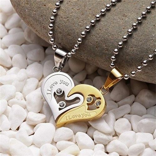 1 Pair Of Heart Shaped Diamond Studded Peach Heart Pendant Couple Necklace