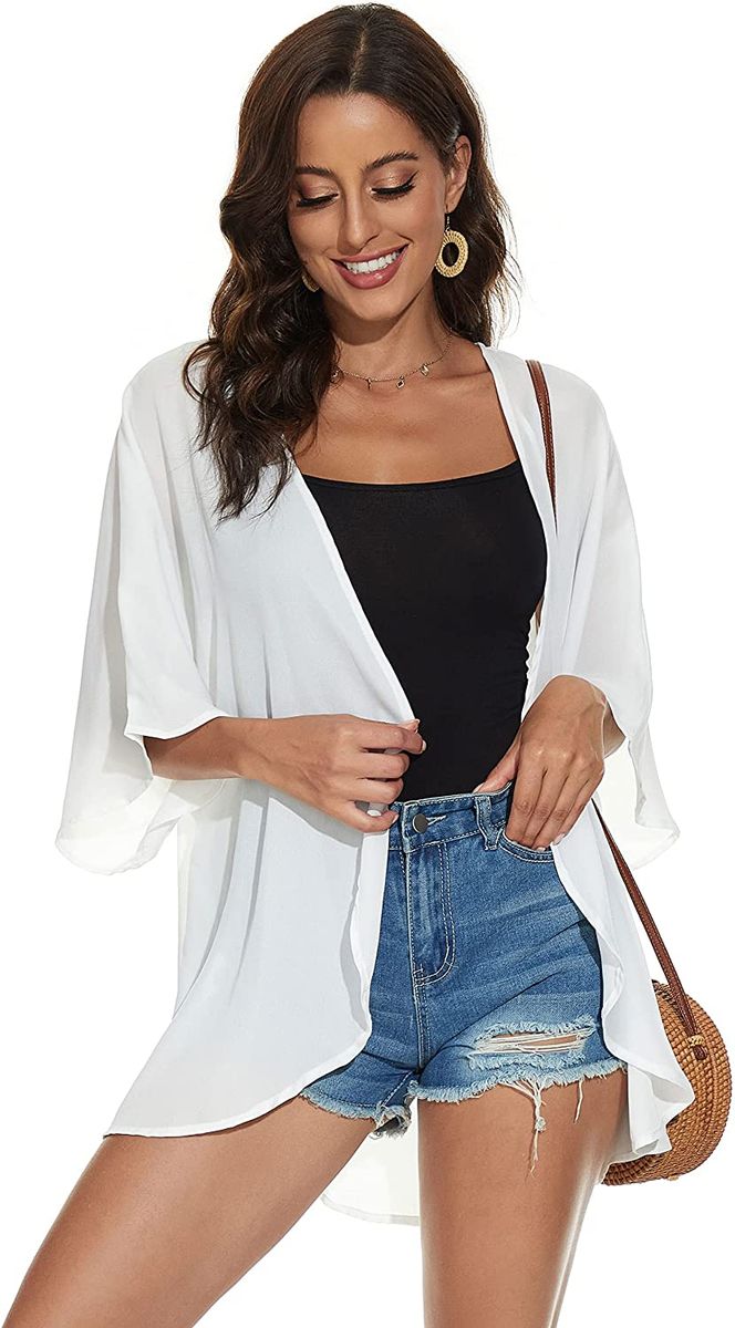 Off-White Summer Kimono Chiffon Jacket Women's Cover Up Top Blouse Shirt