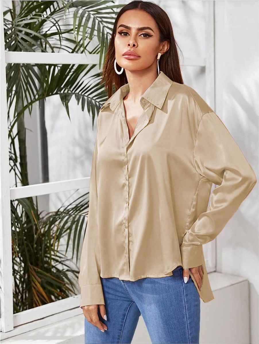 Button Down Satin Silk Shirt Long Sleeve Ladies Women Top Blouse