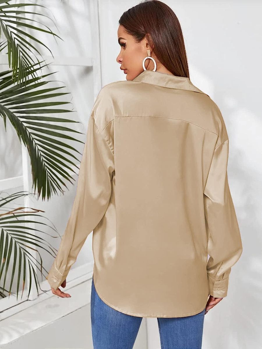 Button Down Satin Silk Shirt Long Sleeve Ladies Women Top Blouse