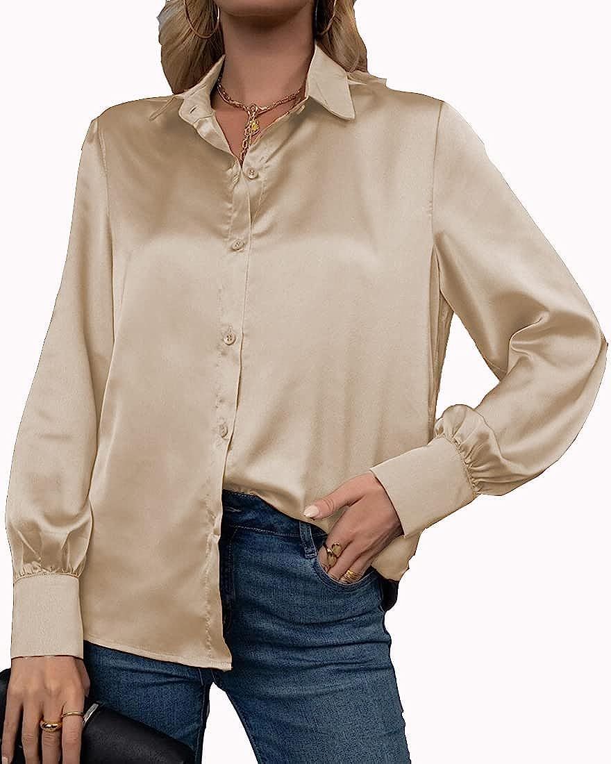 Button Down Satin Silk Shirt Long Sleeve Ladies Women Top Blouse