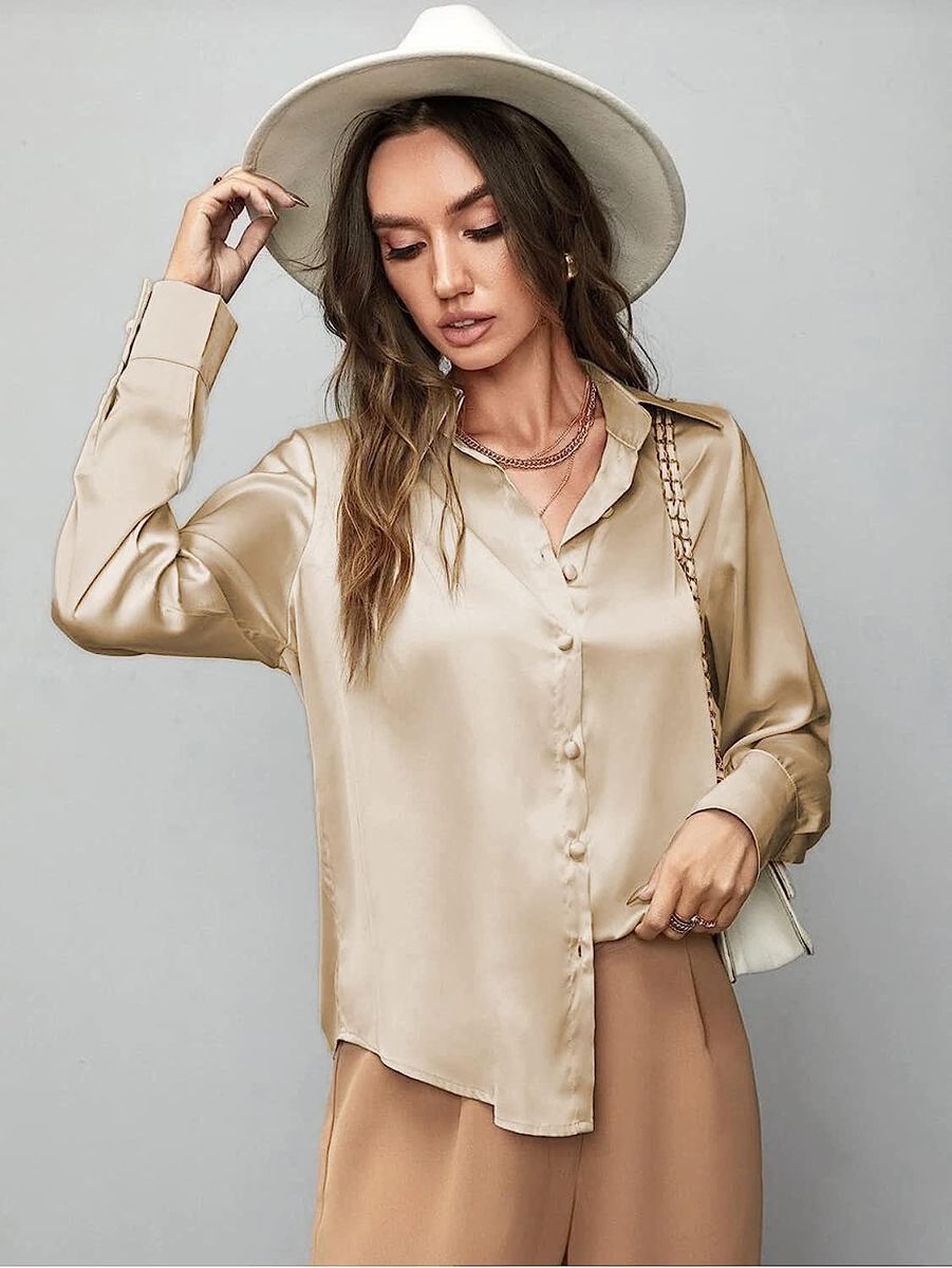 Button Down Satin Silk Shirt Long Sleeve Ladies Women Top Blouse