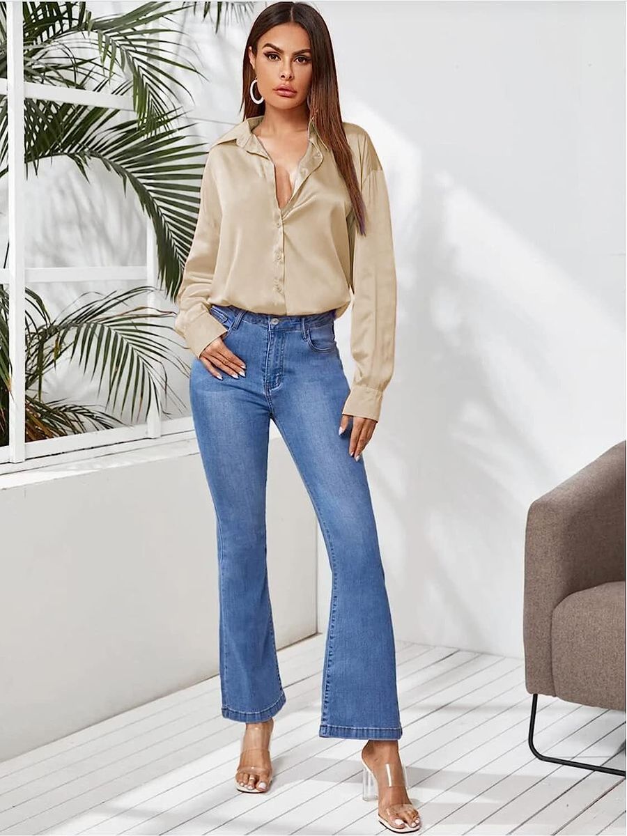 Button Down Satin Silk Shirt Long Sleeve Ladies Women Top Blouse
