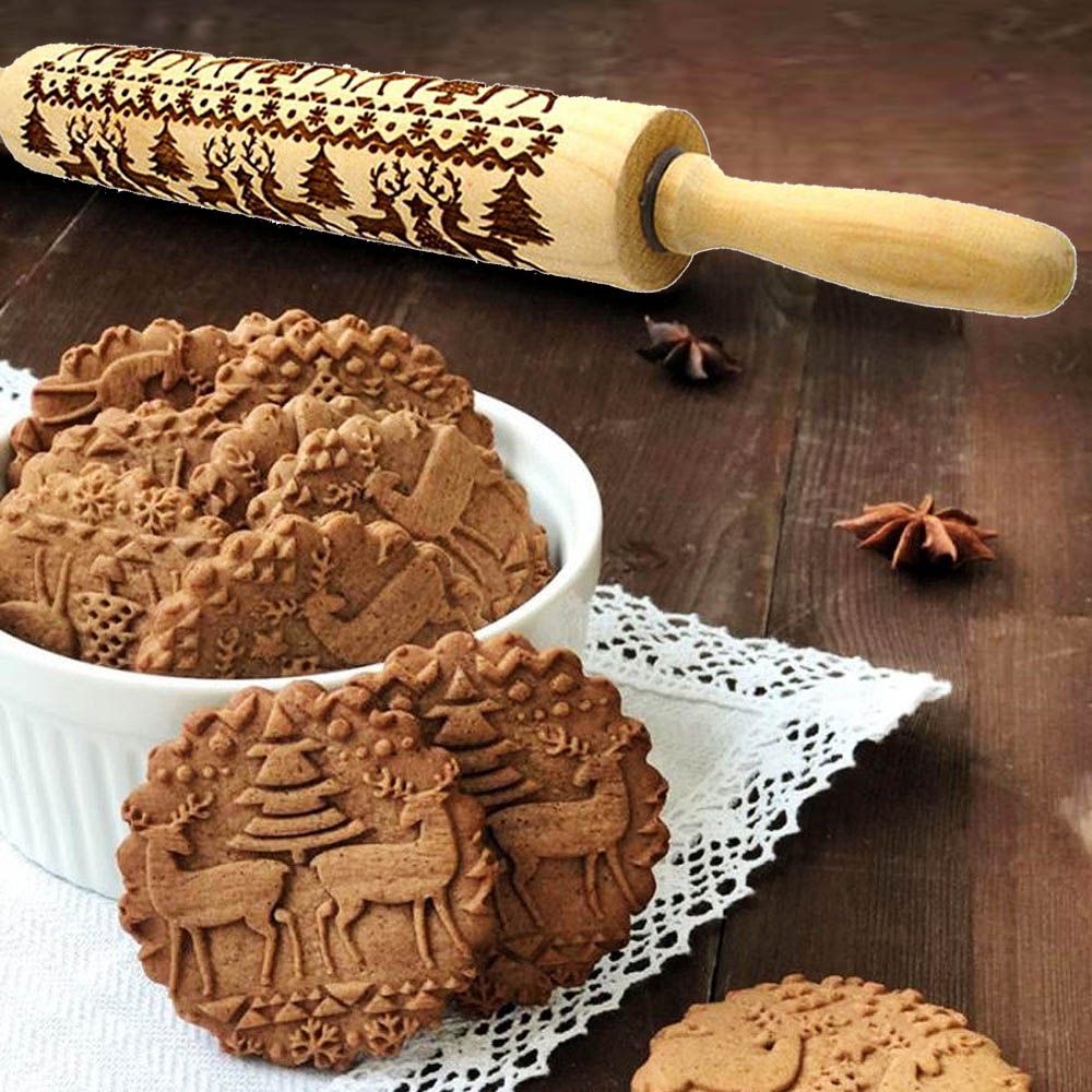 Christmas Deer Snowflake Engraved Wooden Dough Rolling Pin