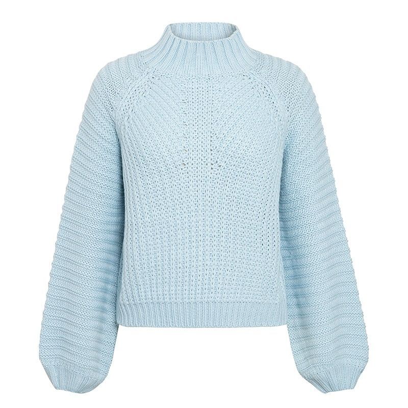 Women Knitted O-Neck Bell Sleeve Harmattan Pullover Cardigan Sweater - Baby Blue