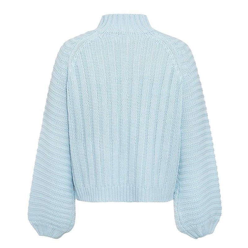 Women Knitted O-Neck Bell Sleeve Harmattan Pullover Cardigan Sweater - Baby Blue