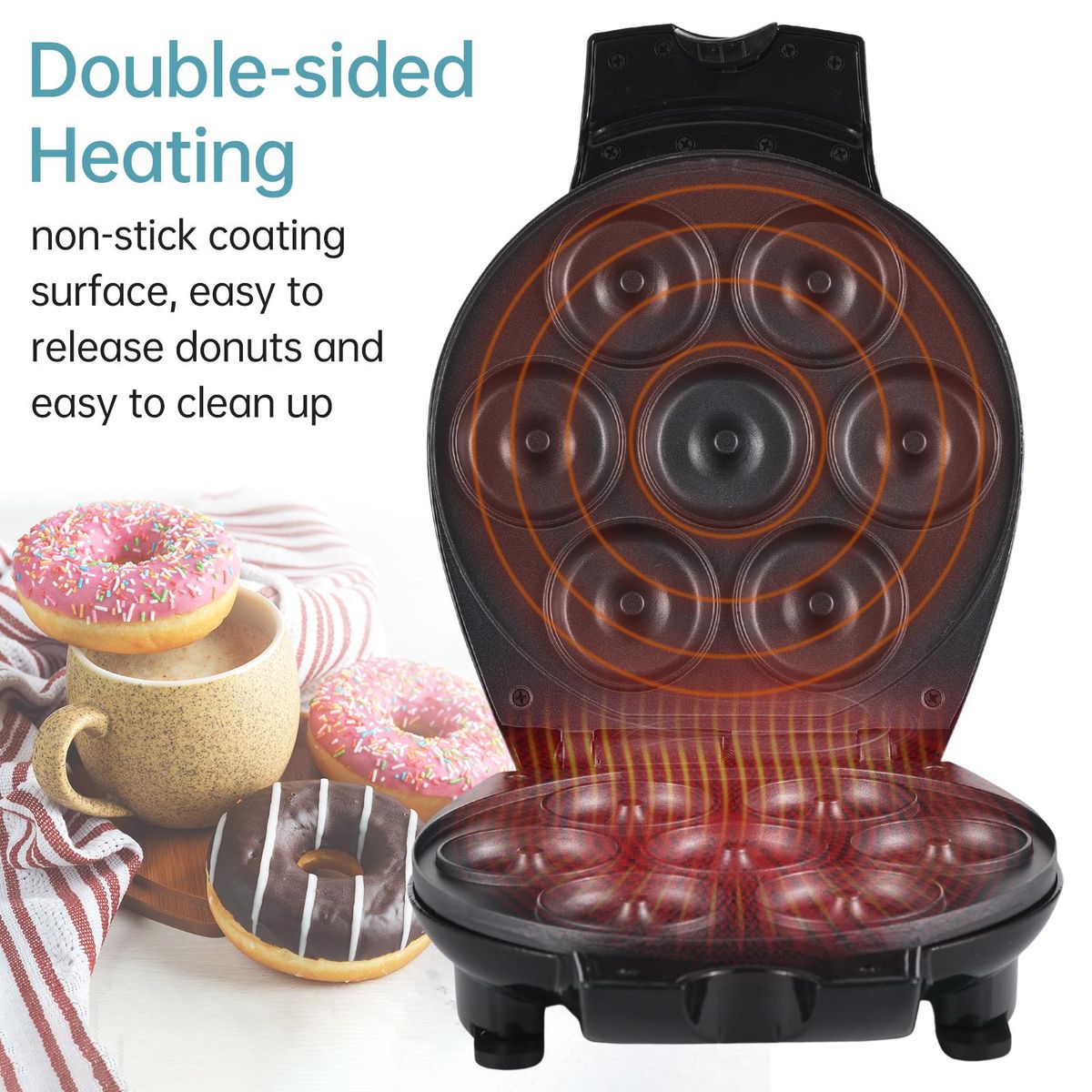 Household Mini Donut Maker Electric Donut Machine 700W Non-Stick Surface Makes 7 Doughnuts Breakfast Machine for Making Breakfast Snack Dessert Baking Tool