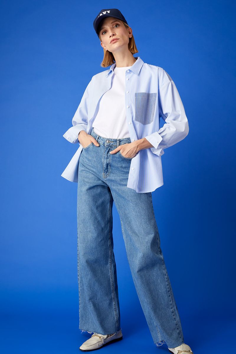 Woman Oversize Fit Shirt Neck Woven Long Sleeve Shirt - Blue