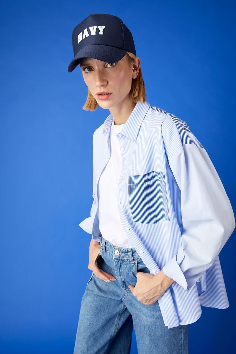 Woman Oversize Fit Shirt Neck Woven Long Sleeve Shirt - Blue