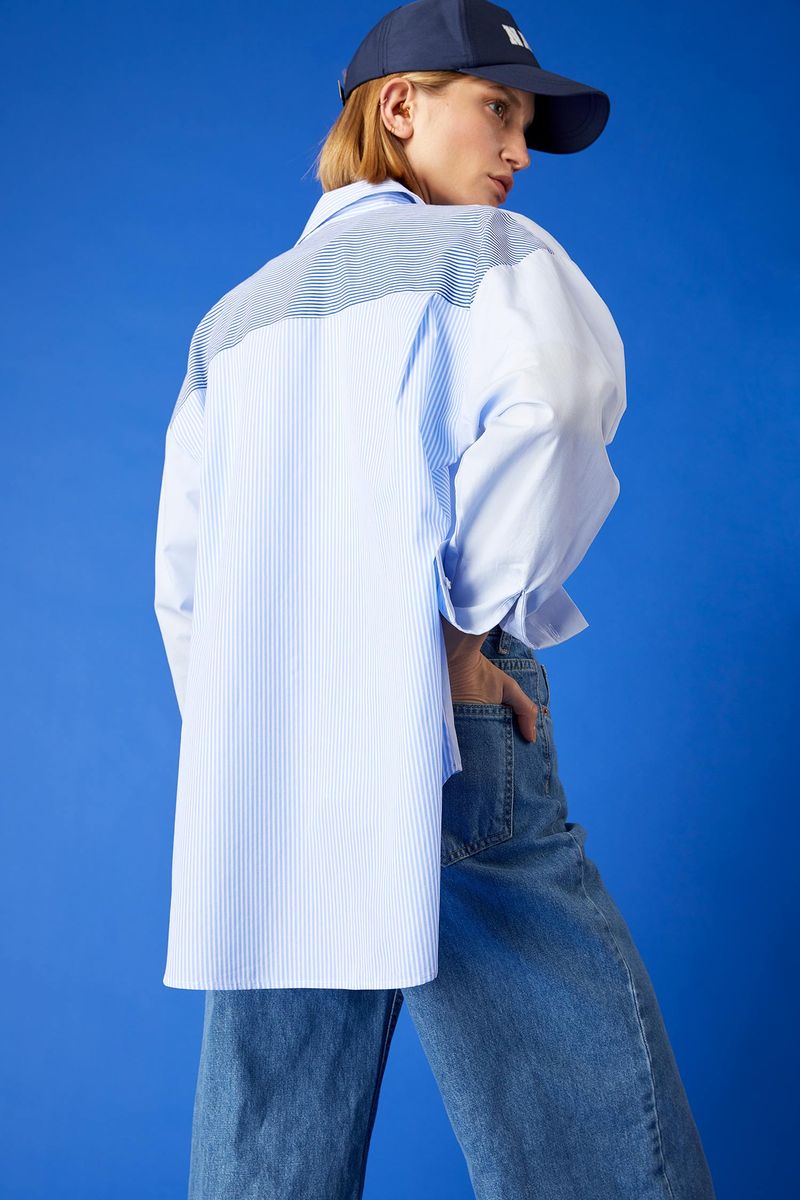 Woman Oversize Fit Shirt Neck Woven Long Sleeve Shirt - Blue