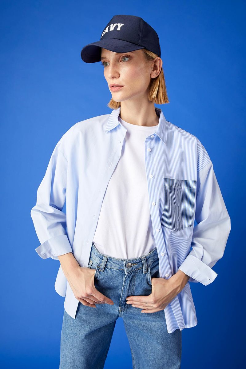 Woman Oversize Fit Shirt Neck Woven Long Sleeve Shirt - Blue