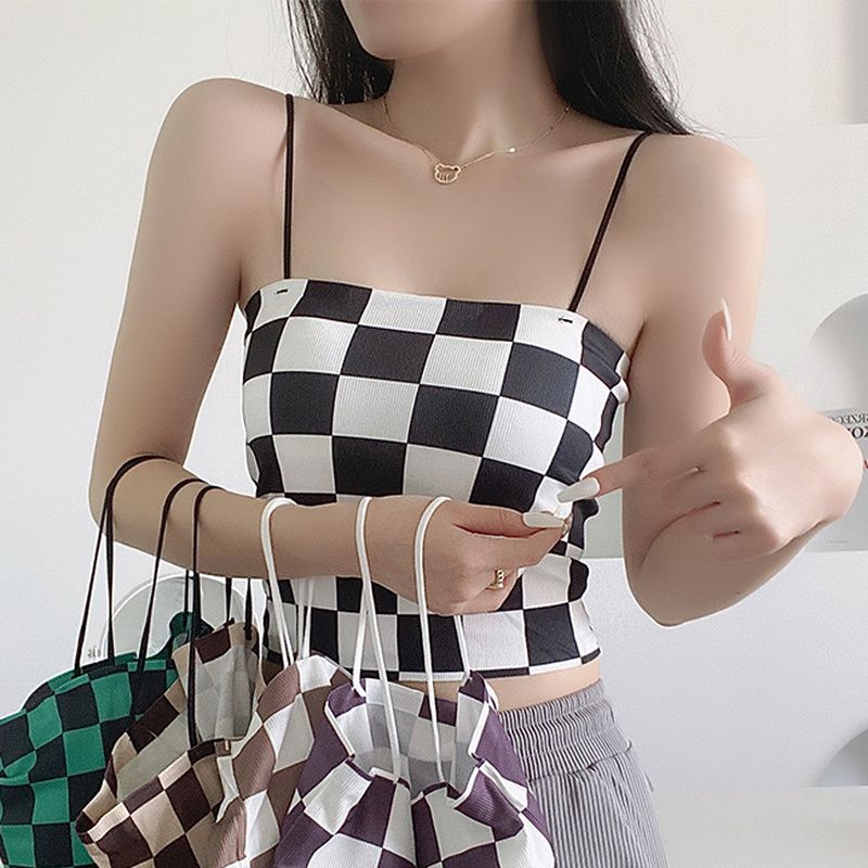 (Black)Fashion Checkerboard  Ladies Crop Tops Women Plaid Threaded Ice Silk Tank Tops Slim Backless Short Vest Lingerie Female Tops WEF