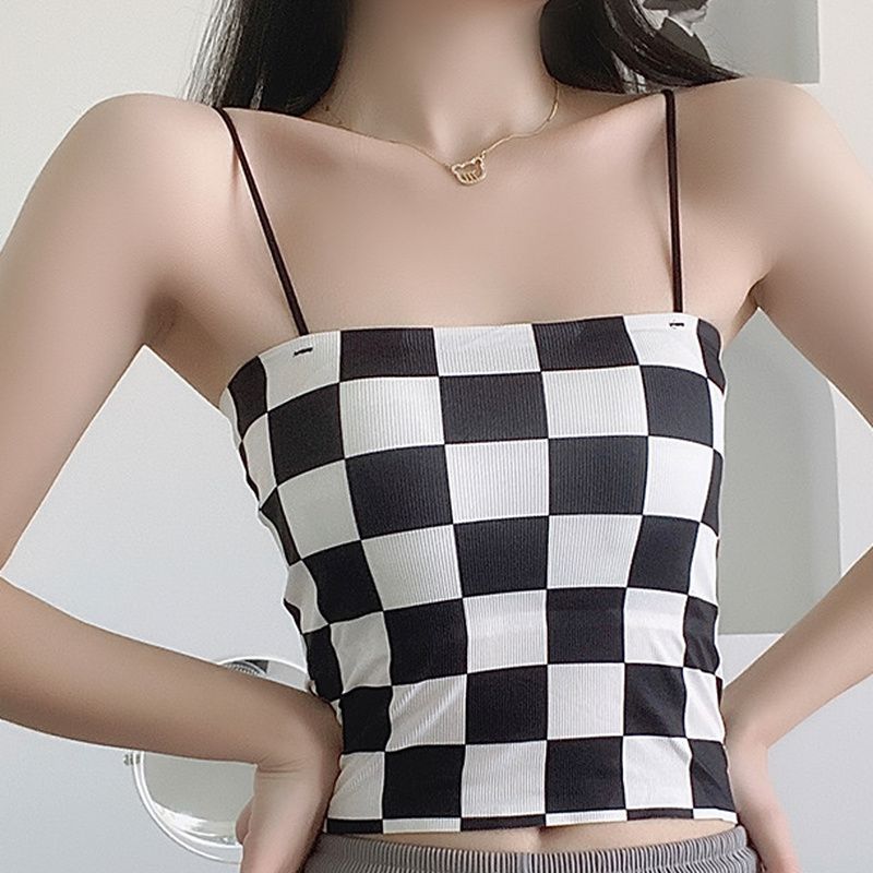 (Black)Fashion Checkerboard  Ladies Crop Tops Women Plaid Threaded Ice Silk Tank Tops Slim Backless Short Vest Lingerie Female Tops WEF