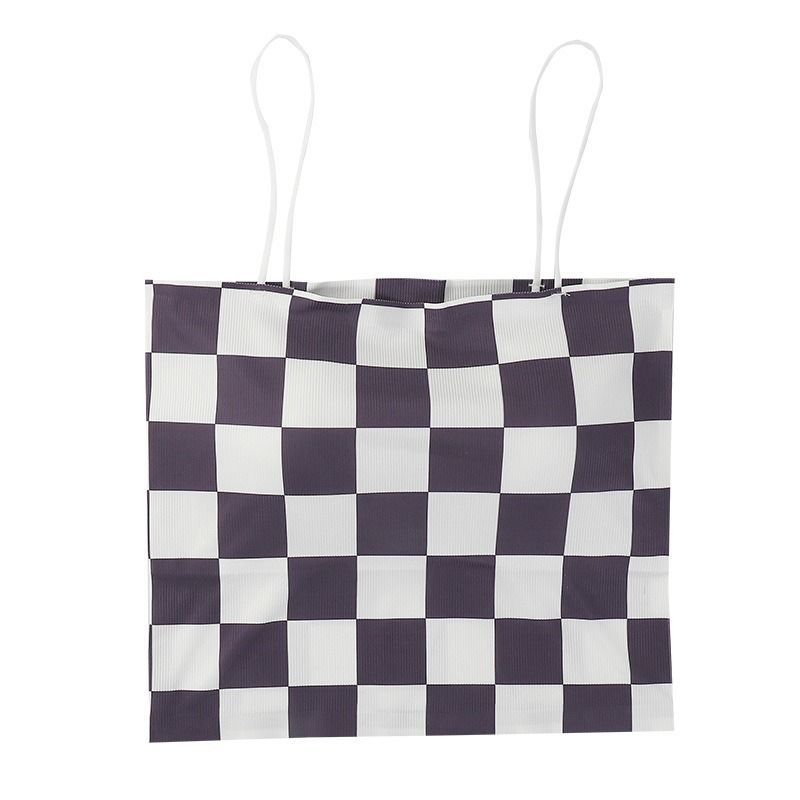 (Black)Fashion Checkerboard  Ladies Crop Tops Women Plaid Threaded Ice Silk Tank Tops Slim Backless Short Vest Lingerie Female Tops WEF