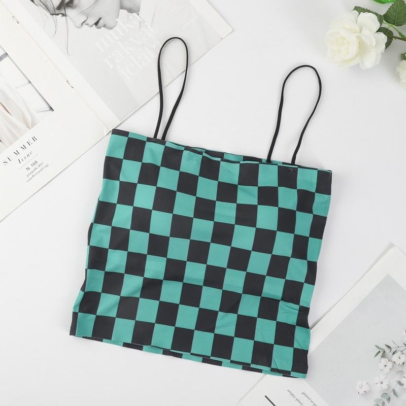 (Black)Fashion Checkerboard  Ladies Crop Tops Women Plaid Threaded Ice Silk Tank Tops Slim Backless Short Vest Lingerie Female Tops WEF