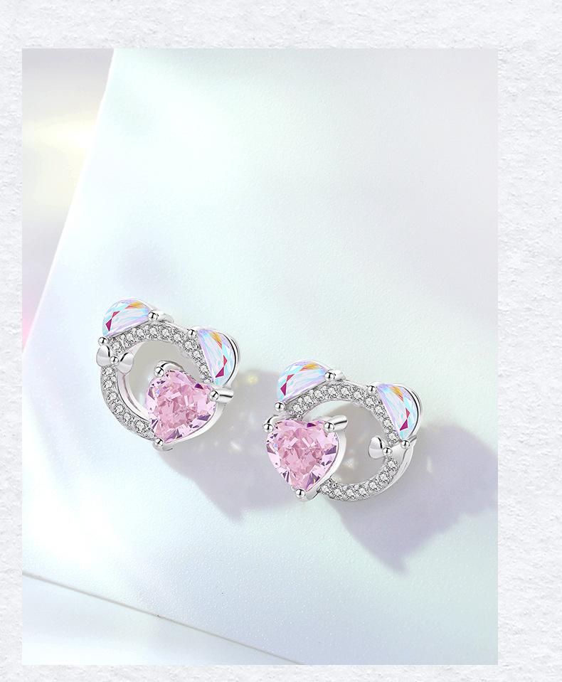 New Sweetheart Bear Earrings s925 Sterling Silver Creative Cute Earrings Female Love Pink Ice Flower Cut Earrings