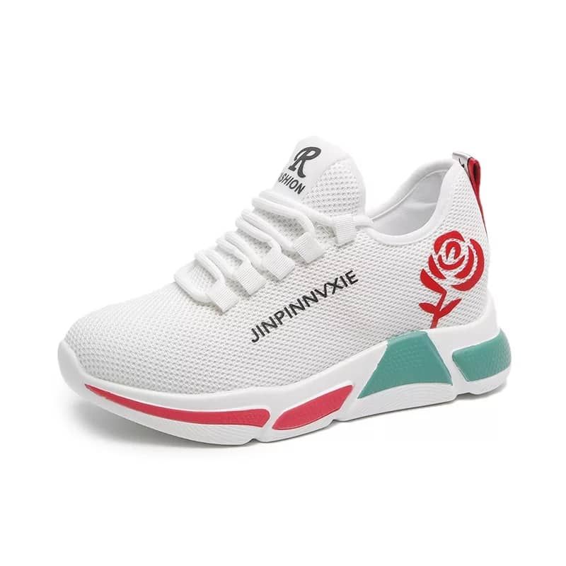 Ladies Classic Casual Sneakers With Cute Flower - White