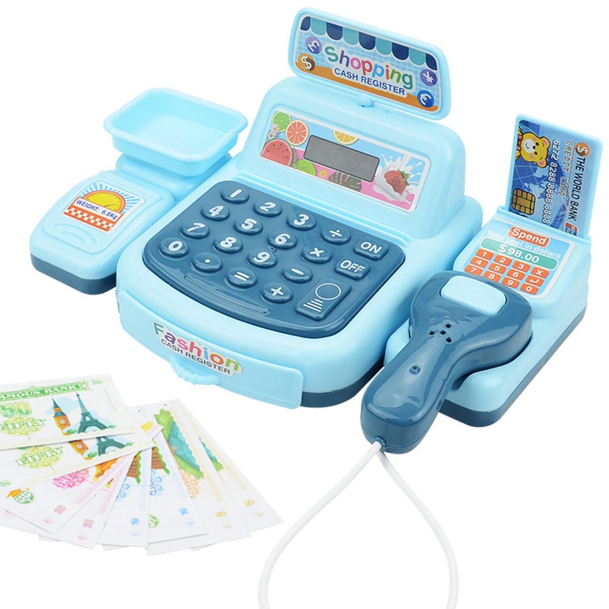 1 Set Mini Cashier Toy Fun Supermarket Shop Cash Register Role Play Toy Blue