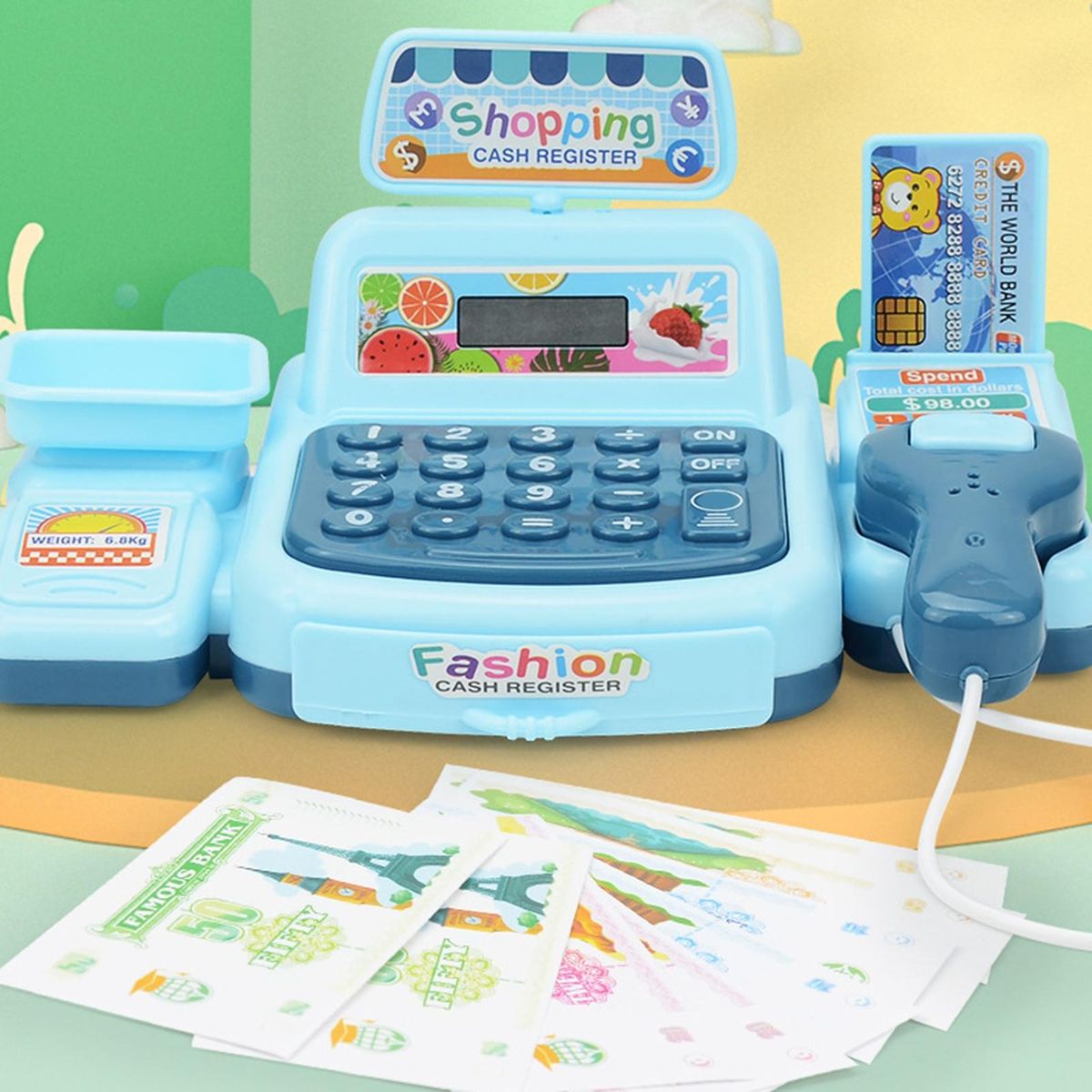 1 Set Mini Cashier Toy Fun Supermarket Shop Cash Register Role Play Toy Blue