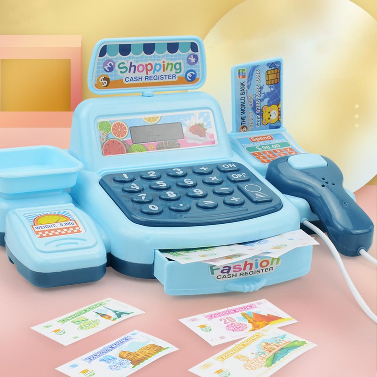 1 Set Mini Cashier Toy Fun Supermarket Shop Cash Register Role Play Toy Blue