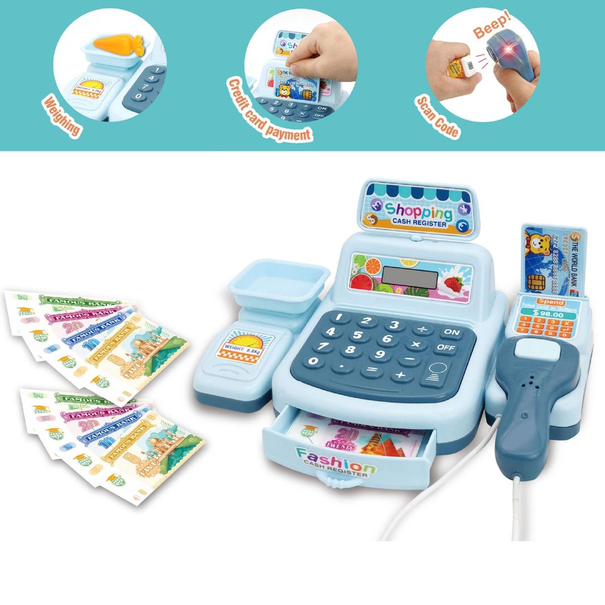 1 Set Mini Cashier Toy Fun Supermarket Shop Cash Register Role Play Toy Blue