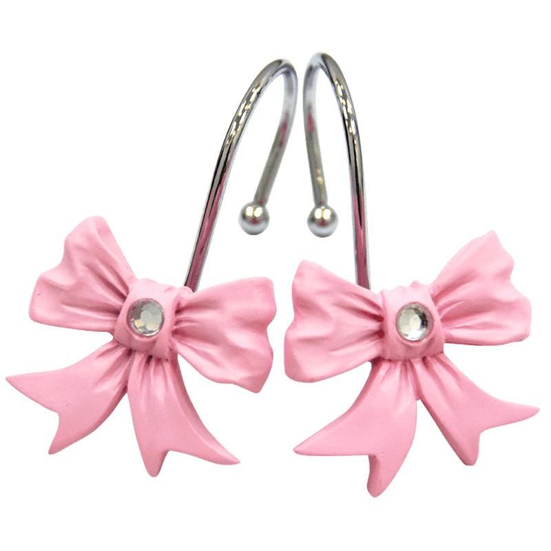 Korea 8Pcs/Pack Beautiful Princess Pink Peach Blossom Shower Curtain Hook Double Bow-Knot Design Resin Material For Bathroom Rod