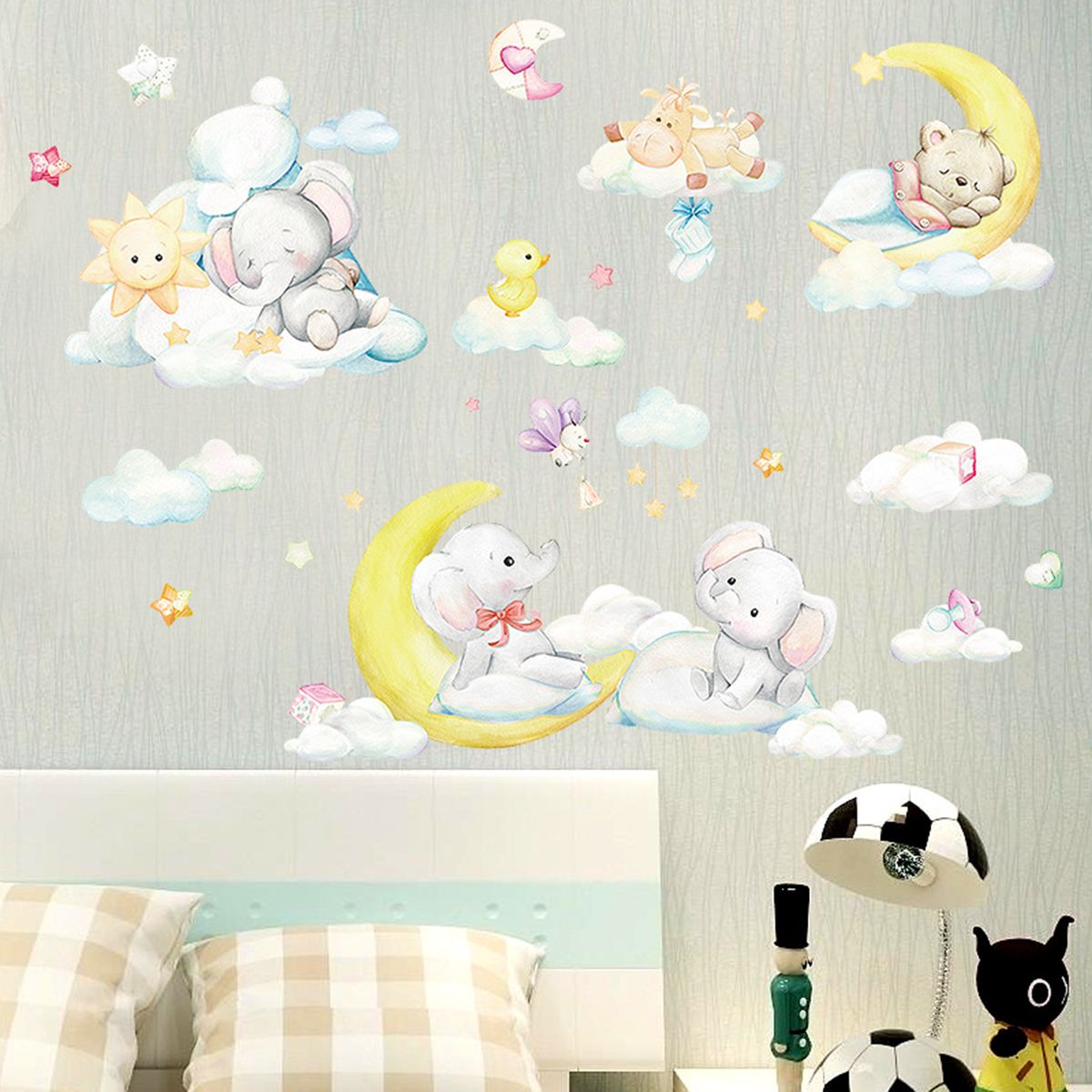 Cute Cartoon Moon Baby Elephant Bear Wall Sticker Children-