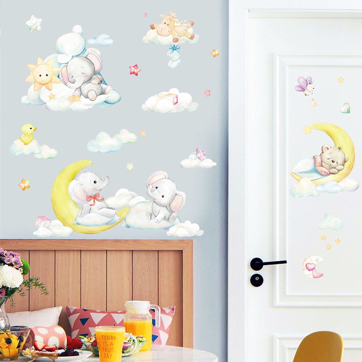 Cute Cartoon Moon Baby Elephant Bear Wall Sticker Children-