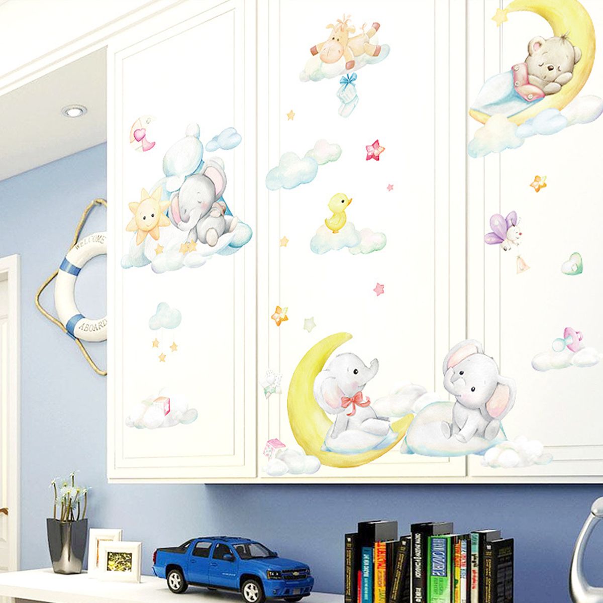 Cute Cartoon Moon Baby Elephant Bear Wall Sticker Children-