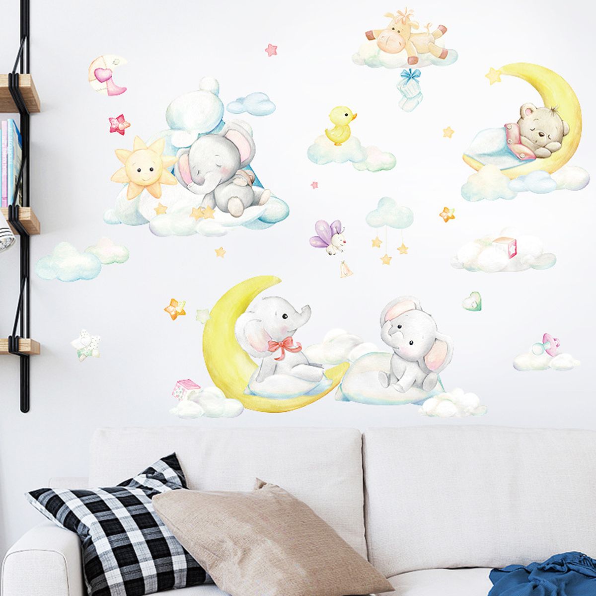 Cute Cartoon Moon Baby Elephant Bear Wall Sticker Children-