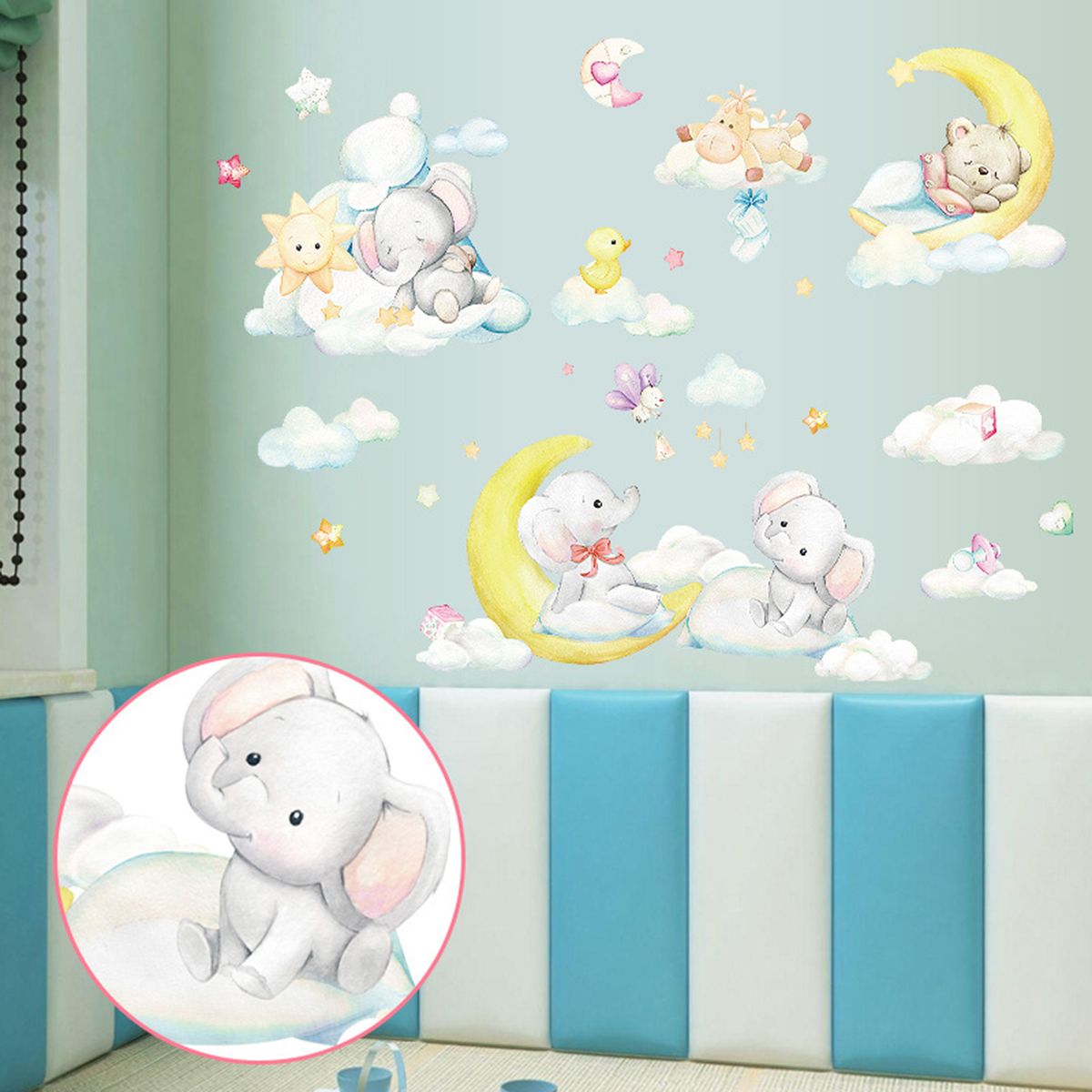 Cute Cartoon Moon Baby Elephant Bear Wall Sticker Children-