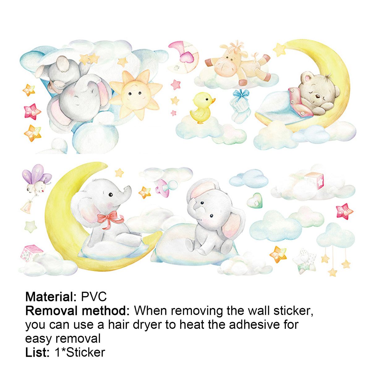 Cute Cartoon Moon Baby Elephant Bear Wall Sticker Children-
