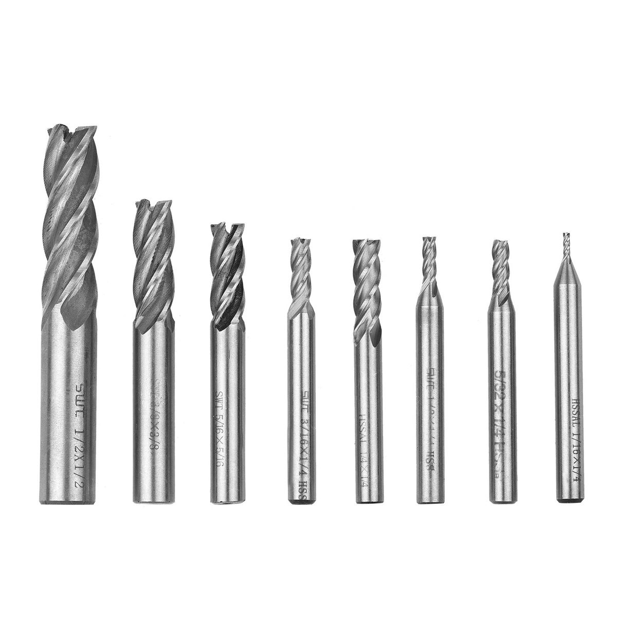 8pcs Solid Milling End Cutter Drill Bits 1/16''-1/2'' 4 Flute High Speed Steel End Mill Set HSS Slot Tool Set HSS CNC Straight Shank Drill Bit Set