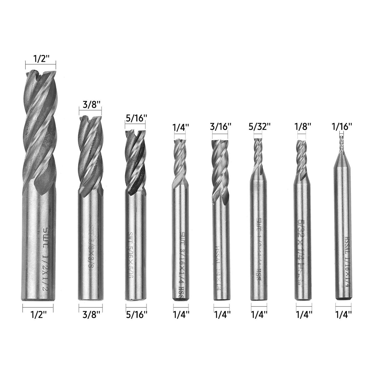8pcs Solid Milling End Cutter Drill Bits 1/16''-1/2'' 4 Flute High Speed Steel End Mill Set HSS Slot Tool Set HSS CNC Straight Shank Drill Bit Set