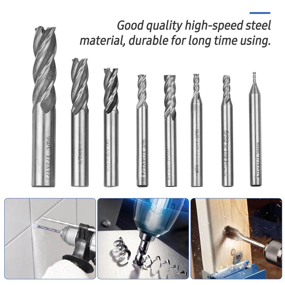 8pcs Solid Milling End Cutter Drill Bits 1/16''-1/2'' 4 Flute High Speed Steel End Mill Set HSS Slot Tool Set HSS CNC Straight Shank Drill Bit Set