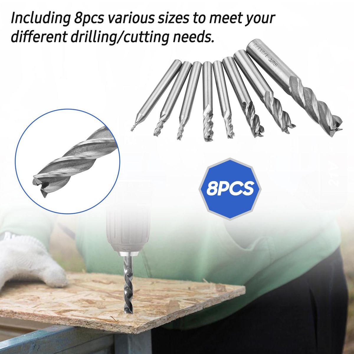 8pcs Solid Milling End Cutter Drill Bits 1/16''-1/2'' 4 Flute High Speed Steel End Mill Set HSS Slot Tool Set HSS CNC Straight Shank Drill Bit Set