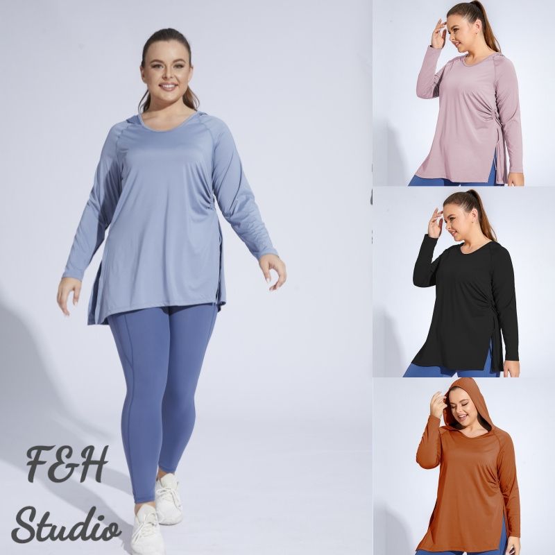 F&H 3411 XL-4XL Women Hooded Fitness Shirt Yoga Top Pink