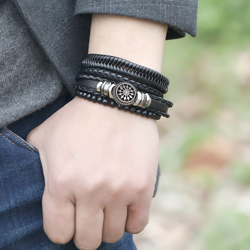 4 In 1 PU Leather Mens Bracelets Retro Braided Adjustable Hand Bracelet
