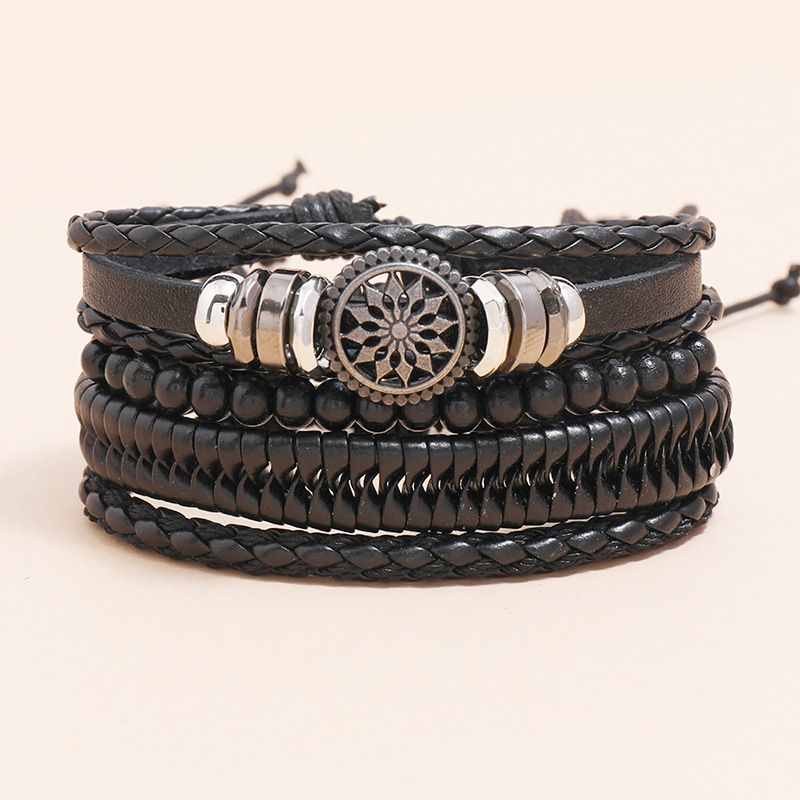 4 In 1 PU Leather Mens Bracelets Retro Braided Adjustable Hand Bracelet