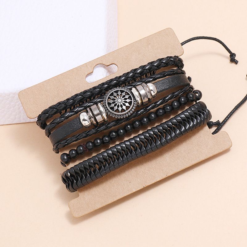 4 In 1 PU Leather Mens Bracelets Retro Braided Adjustable Hand Bracelet