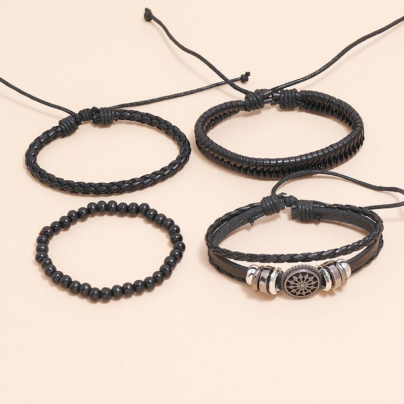 4 In 1 PU Leather Mens Bracelets Retro Braided Adjustable Hand Bracelet