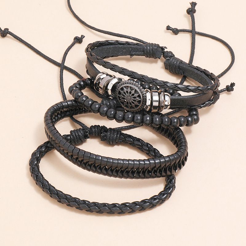 4 In 1 PU Leather Mens Bracelets Retro Braided Adjustable Hand Bracelet