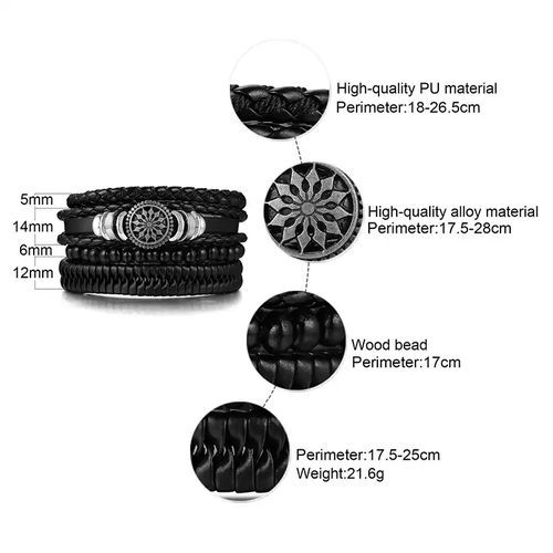 4 In 1 PU Leather Mens Bracelets Retro Braided Adjustable Hand Bracelet