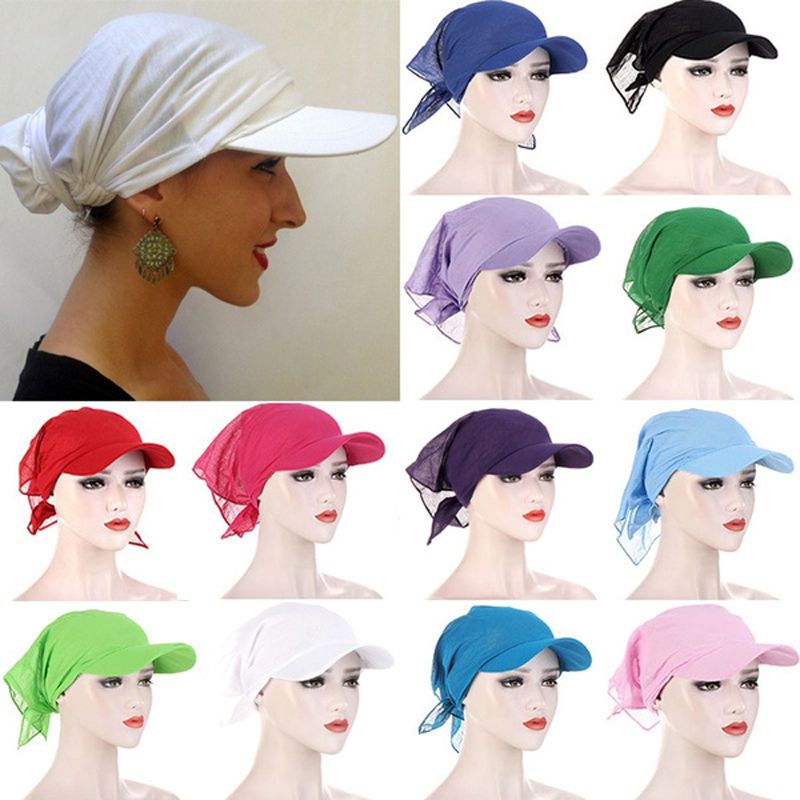 1PC Women Durag Brim Cap Sun Visor With Pre-Tied Turban Caps Head Scarf Hijab Pure Color Muslim RA