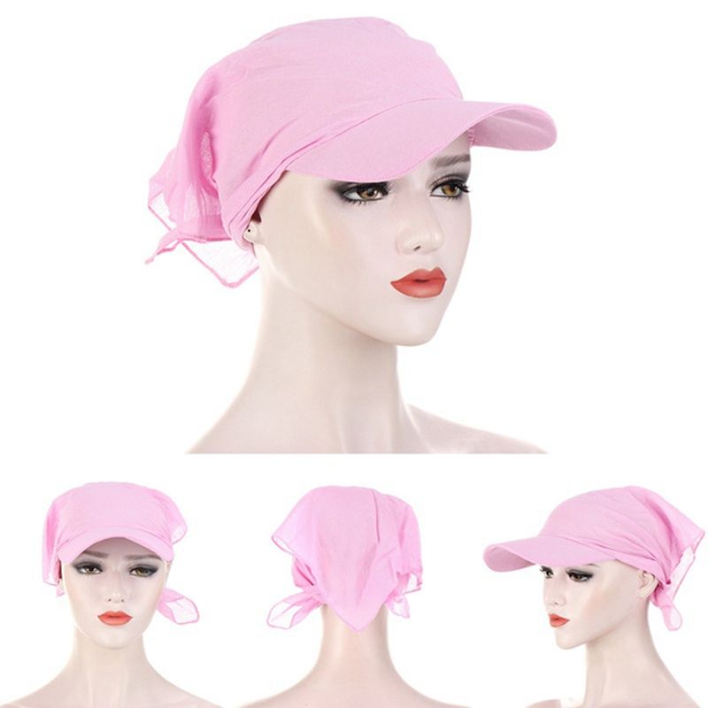 1PC Women Durag Brim Cap Sun Visor With Pre-Tied Turban Caps Head Scarf Hijab Pure Color Muslim RA