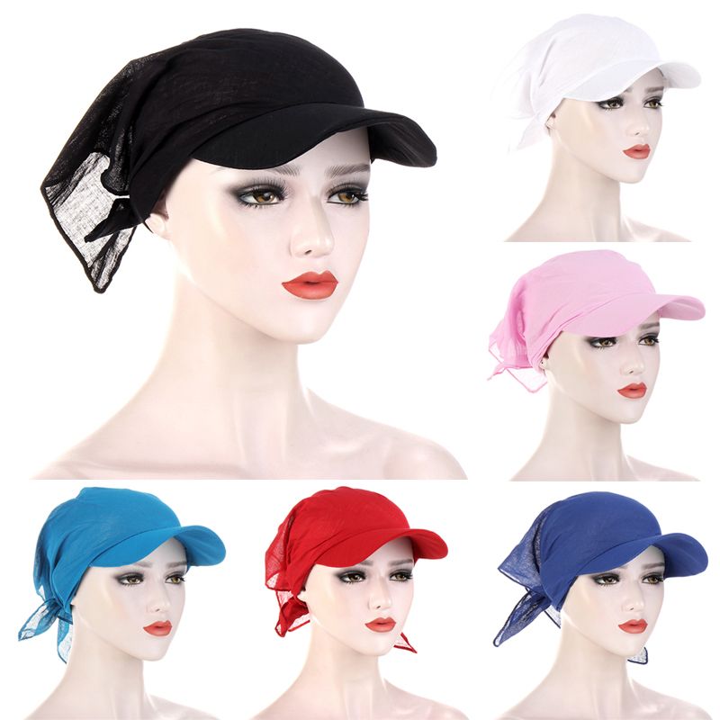 1PC Women Durag Brim Cap Sun Visor With Pre-Tied Turban Caps Head Scarf Hijab Pure Color Muslim RA
